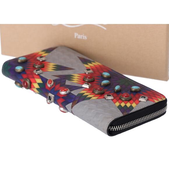 Christian Louboutin Panettone Long Wallet Gray Red Multi Leather Beaded - Picture 5 of 7